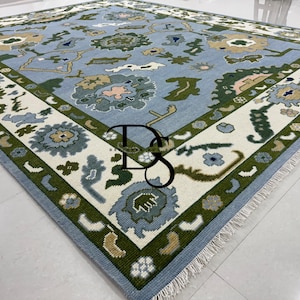 Handmade Wool Oushak Rug: Blue Floral, Modern Design Rugs for living Room, Bedroom, Nursery, Office 6X9 8X10 9X12 10X14 Custom Area Rugs