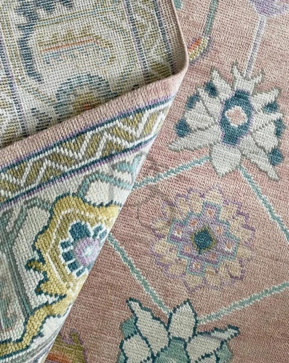 Hand Knotted Wool Oushak Rug: Modern Floral Rug, 9x12