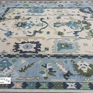 Handmade Wool Oushak Rug: 9x12 Sea Blue Floral Carpet Rugs for living Room, Bedroom, Nursery, Office 6X9 8X10 10X14 Custom Large Rugs