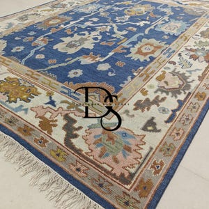Handmade Wool Oushak Rug: Blue Floral Oriental Design Rugs for living Room, Bedroom, Nursery, Office, Dining Room 8X10 9X12 10X14 Custom Rug