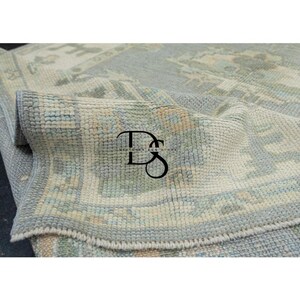 Hand Knotted Wool Oushak Rug: Mutted Grey Beige Turkish Oriental