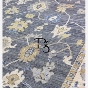 Hand Knotted Wool Oushak Rug: Grey Turkish Floral Area Rug 9x12