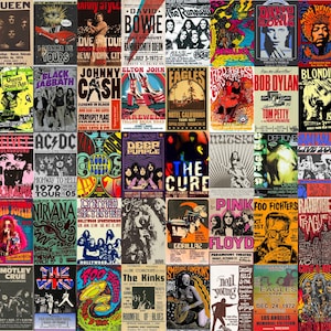 May include: A collage of vintage concert posters featuring iconic bands like Queen, David Bowie, and The Beatles. The posters showcase vibrant colors and diverse designs, advertising live music events from various eras.