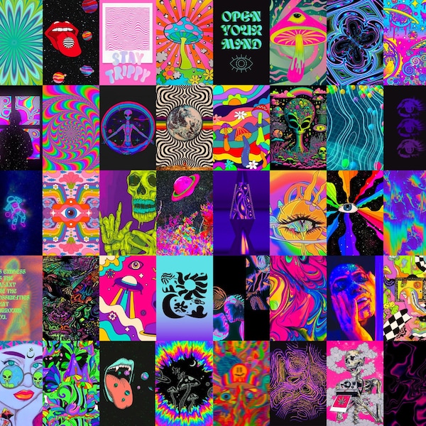 Trippy Dippy 60pcs Collage Kit ~ fonds d’écran esthétiques psychédéliques ~ décor de salle de haute vie ~ 4x6 po
