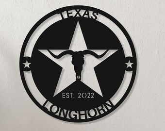 Texsas Longhorn Skull Custom Longhorn metal wall art, Personalised monogram metal sign, Longhorn ranch Metal Sign, Personalized Gift Decor