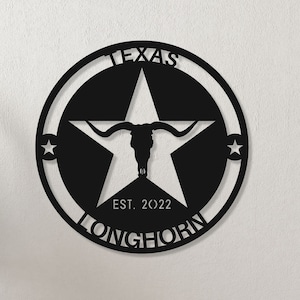 Texsas Longhorn Skull Custom Longhorn metal wall art, Personalised monogram metal sign, Longhorn ranch Metal Sign, Personalized Gift Decor