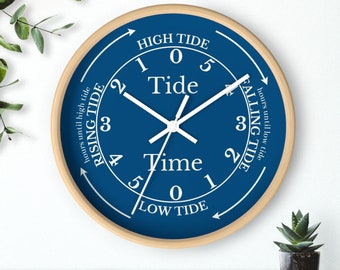 Nautical Tide Clock (standard 12h) – Personalized Large Wall Clock in Navy Blue, Custom Round Non-Ticking Wooden Decor for Beach Ambiance