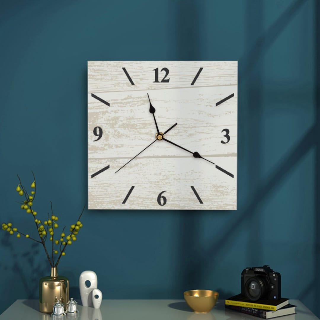 Rustic Square Wall Clock, White Barn Wood, Distressed Looking Wall