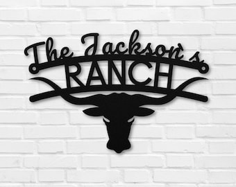 Custom family name sign, Longhorn Ranch Metal Sign - Longhorn Skull - Longhorn Decor - Personalized Gifts, Metal Wall Art, Cowboy Cattle