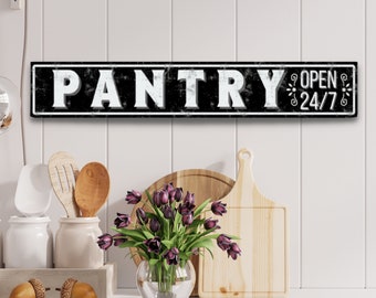 Black pantry sign, Rustic aluminium Distressed Kitchen signs, 18" x 3", Open 24/7 Farmhouse decor, Kitchen wall hangings, Rustic signs