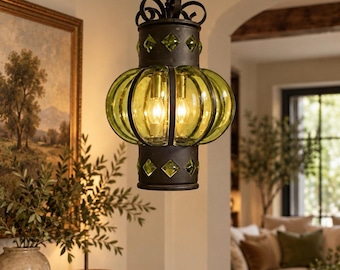 Vintage MCM Style Hanging Swag Light Pendant - Wrought Iron Caged Green Glass Lamp