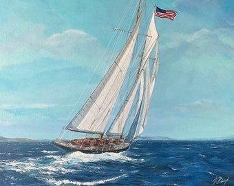 Pintura original de yate, arte acrílico de paisaje marino (15 x 19 pulgadas)