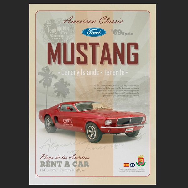 Poster Vintage Design, Ford, Retro Poster, Vintage Poster, Ford Mustang, Tenerife, Canary, Poster Download, Art Vintage, Digital Download