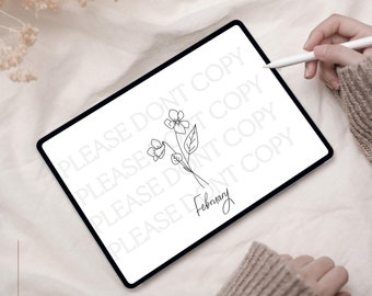May include: A digital drawing of a simple flower design with the word "February" written underneath. The drawing is on a white background and is being created on a tablet.