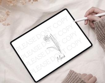 May include: A digital drawing of a simple line art daffodil flower with the word "March" written below it. The drawing is on a white tablet screen with the words "Please don't copy" repeated around the image. The text "Tiny Tattoo Pass designed by Victoria Love" is written below the image.