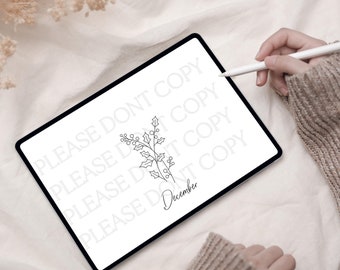 May include: A digital drawing of a simple holly sprig with berries, with the word "December" written below it. The drawing is on a white background and is surrounded by the text "PLEASE DON'T COPY" repeated multiple times.