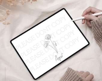 May include: A digital drawing of a simple line art floral design with the word "August" written below it. The drawing is on a white background and is displayed on a tablet.