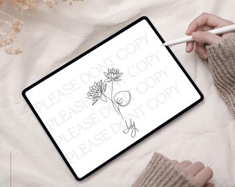 May include: A digital drawing of a simple line art floral design on a white background. The design features two stylized flowers with leaves. The text "PLEASE DON'T COPY" is repeated four times in a light gray font on the white background. The text "July" is handwritten in a light gray font at the bottom of the image.