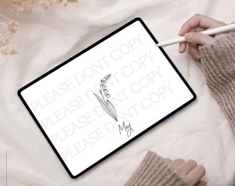 May include: A digital drawing of a lily of the valley flower on a white background. The drawing is on a tablet screen with the text "PLEASE DON'T COPY" repeated multiple times. The text "May" is written below the flower.