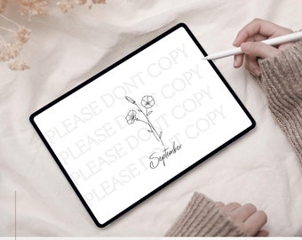 May include: A digital drawing of a simple flower with a stem and leaves on a white background. The text "PLEASE DON'T COPY" is repeated four times in a light gray font. The text "September" is written in cursive below the flower.