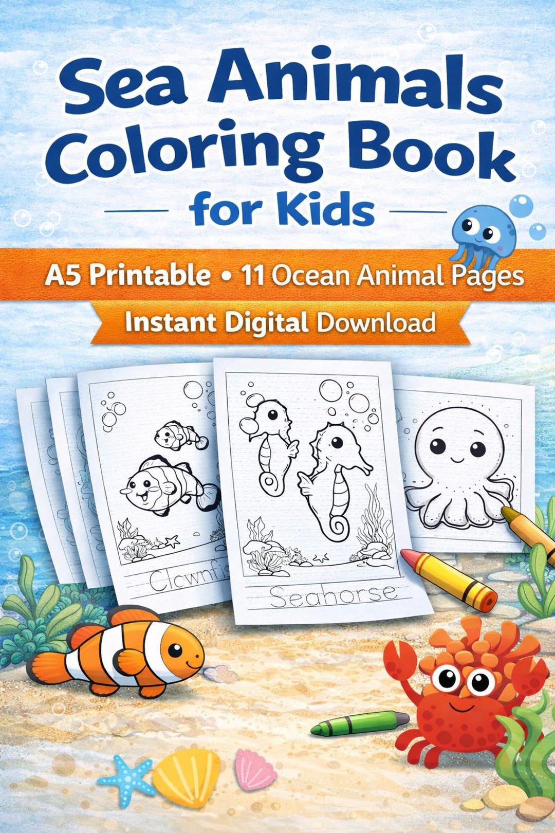 Sea Animals Coloring Book for Kids – A5 Printable Ocean Animal PDF (11 ...