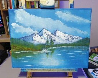 Bob Ross Style Wet On Wet Oil Painting of Mountains and a Lake