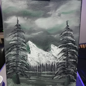 First Black Canvas Bob Ross Style Wet On Wet Oil Painting