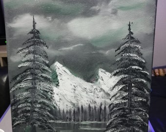 First Black Canvas Bob Ross Style Wet On Wet Oil Painting