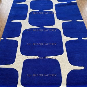Modern Blue White Geometric Woolen Rug Hand Tufted Hand Tuft Abstract Carpet for Living Room Large Rug 5x8 6x9 7x10 8x10 9x12 Custom Bespoke