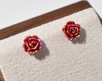 Rote Rose Harz Ohrstecker mit Silber Beiträge, Floral Mini Schmuck