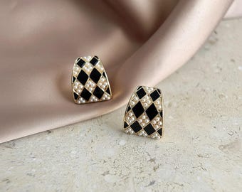 Geometrische Schwarz-Weiß-Diamant-Ohrringe, Eleganter Minimalist Perlenschmuck für Frauen