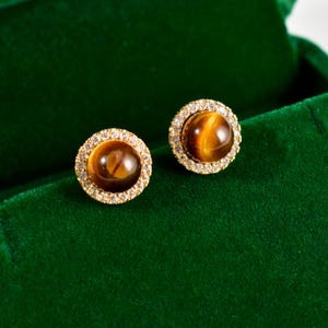 Tiger Eye Stone Round Stud Earrings, Micro-paved Zirconia Studs, Silver Post Earrings, Gold Plated Earrings, Dainty Everyday Jewelry