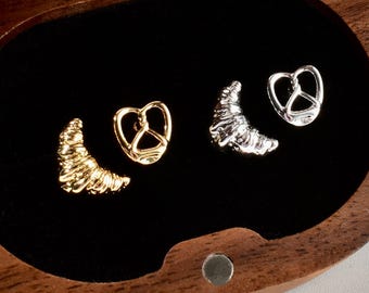 Croissant & Brezel Brot Ohrstecker Set, Gold oder Silber Ton Bakery Schmuck