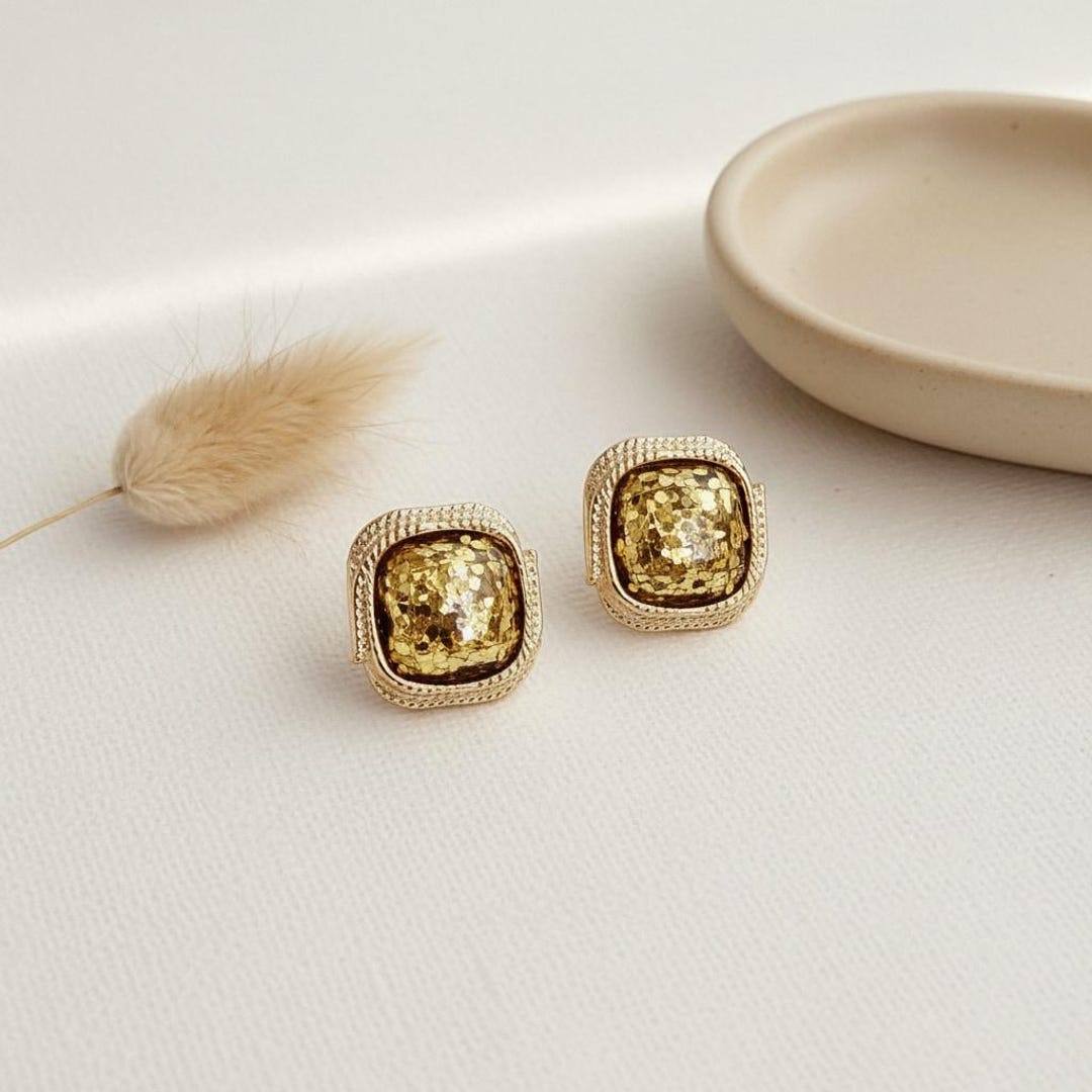 Square Ribbed Earrings Retro Gold Square Stud Earrings | 14K Plated Silver Needle | Unique ...