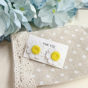 White Daisy button earrings micro crochet handmade white flower steel closure gift idea