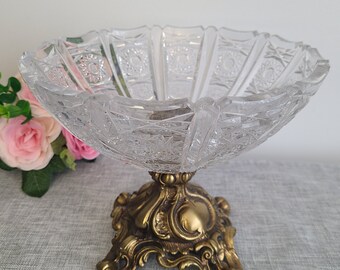 Vintage Lead Crystal Handcut Bowl Candy Dish on Brass Pedestal, Pinwheel Pattern