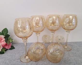 Vintage Set Of 6 large Beige Amber Wine Glasses, Balloon,9" tall, frosted details, art deco, boho, hand blown