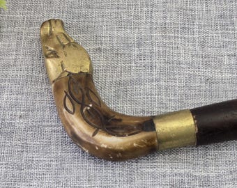 Vintage 37" Long Brass Horse Head & Horn Walking Cane Stick