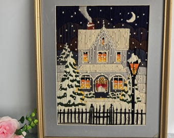Vintage Framed Crewel &#39;Winter Night&#39;  Christmas Embroidery
