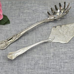 Vintage Silverplate Pasta & Cake Serving Set, Ornate Shell Handle Hostess Set, Etched Floral Pastry Lifter and Spaghetti Spoon, Cottagecore