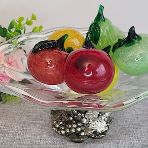 Vintage Handblown Murano Like Fruit Bowl With 6 Glass Fruits
