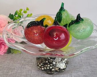 Vintage Handblown Murano Like Fruit Bowl With 6 Glass Fruits