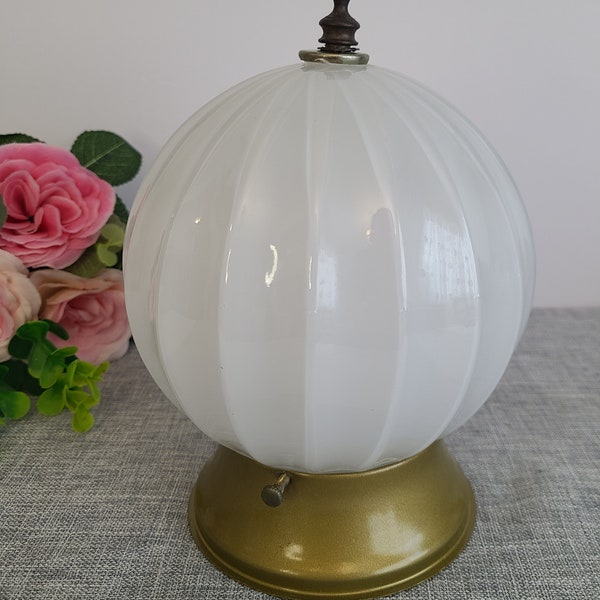Vintage Luminaire Small Ribbed White Glass Ball Globe Ceiling Light  1960s
