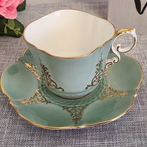 Rare Vintage Aynsley, Sage Green with Gold Pattern, Teacup & Saucer Set, bone china, made in England