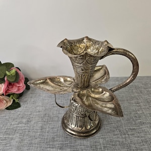 Vintage Silver Plated Copper Diya Lamp Tika Dani, Pooja Arati Ceremonies