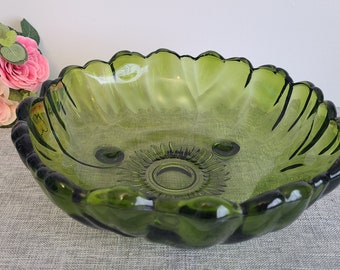 Vintage 1960s Indiana Glass Footed Avocado Green Serving Bowl Centerpiece, Heavy