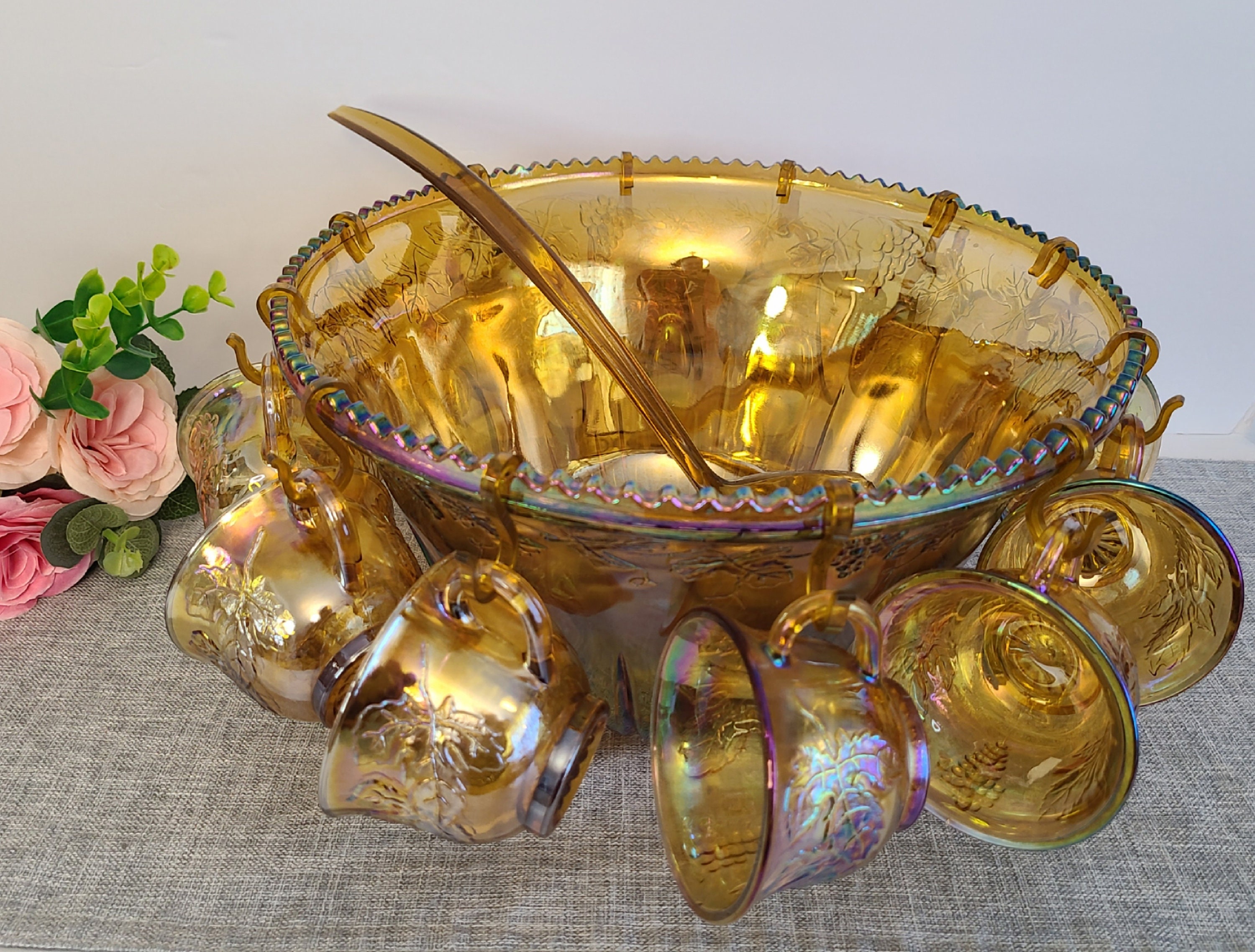 Vtg Indiana Glass Carnival Iridescent Punch Bowl Set # 7447 Gold