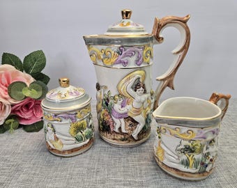 Vintage Elpa Alcobaca Cherubs Porcelain Coffee Tea Set Hand painted Portugal