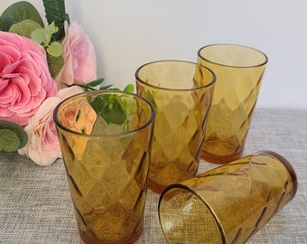 Vintage Hazel Atlas El Dorado Amber Juice Glasses, Set of 4, MCM Diamond Optic