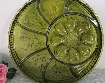 Vintage Indiana Green Glass Deviled Egg Relish Serving Plate Platter / 12.75"